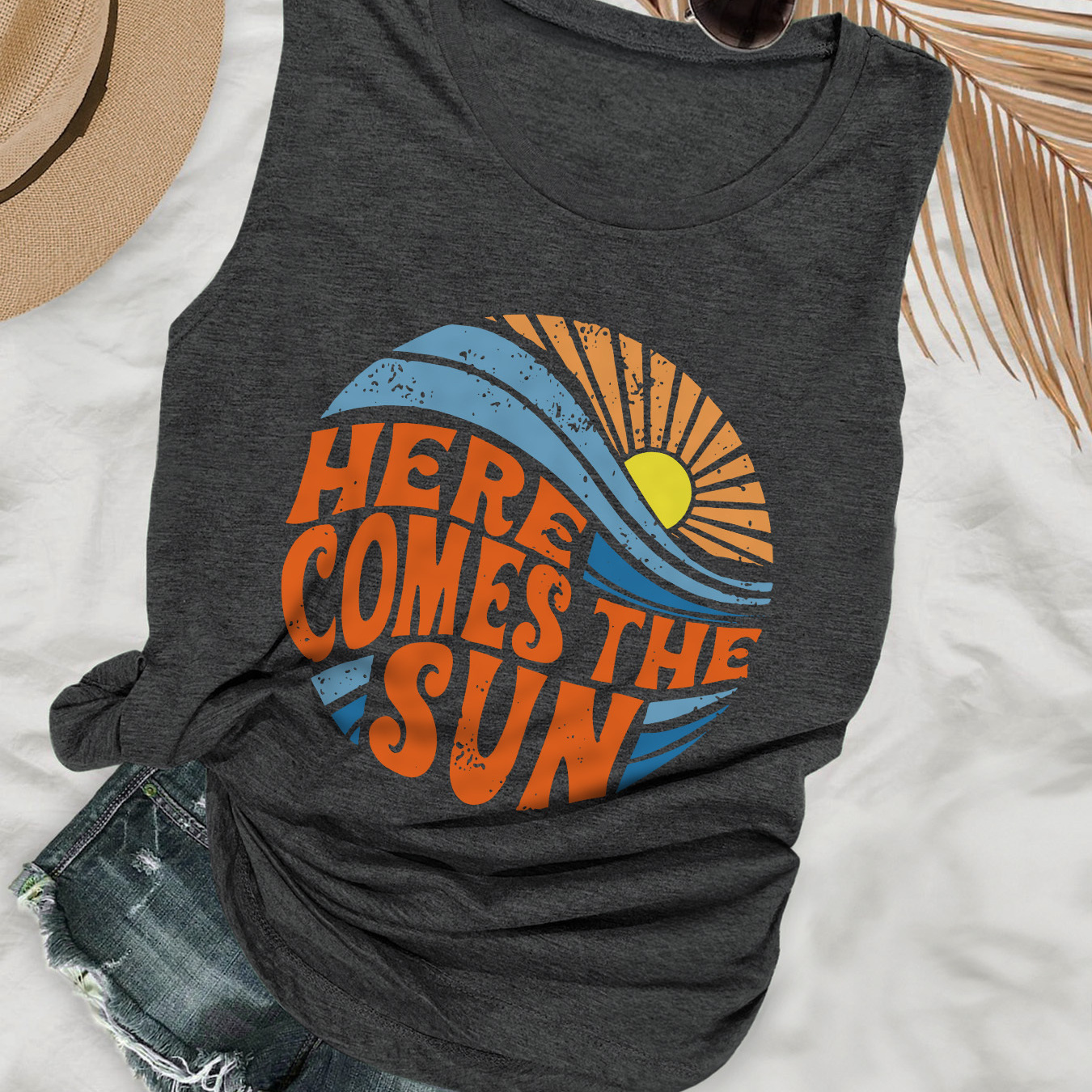 

Sun Print Tank Top, Sleeveless Casual Top For Summer & Spring, Women's Clothing