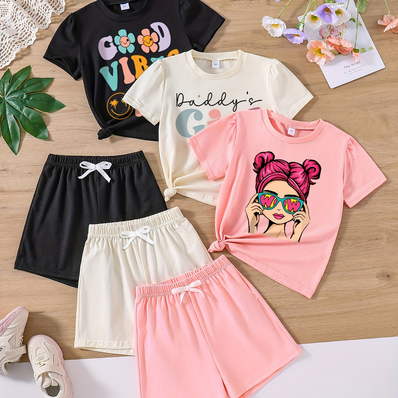 

Girls 3 Sets, & Daddy's Girl & Cartoon Portrait Graphic Print Short Sleeve Tees & Shorts