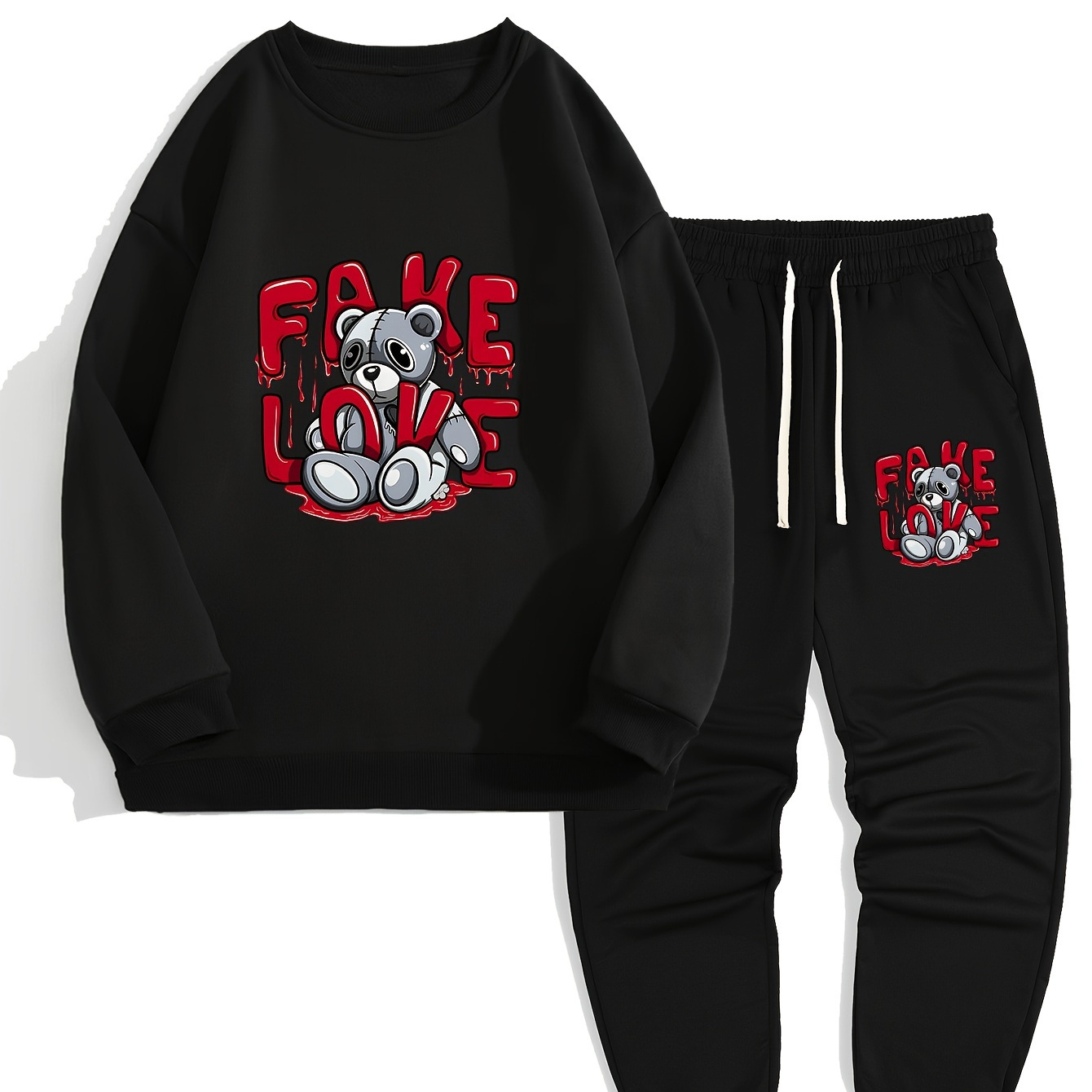 

Fake Love Print, Men's 2pcs, Casual Loose Comfy Sweatshirt And Drawstring Waist Sweatpants Set For Autumn Winter