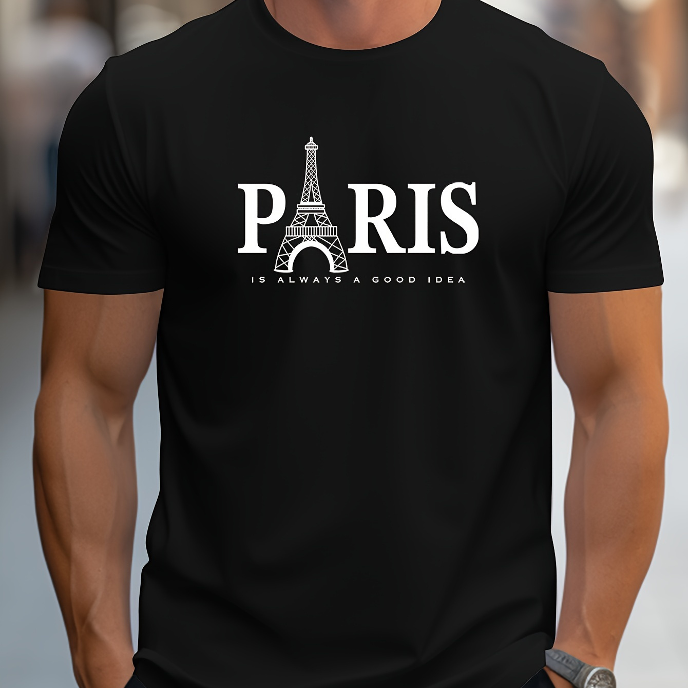 

Paris Letters Print Men's Round Neck Print Tee Short-sleeved Comfy T-shirt Loose Casual Top For Spring Summer Holiday Men's Clothing As Gifts