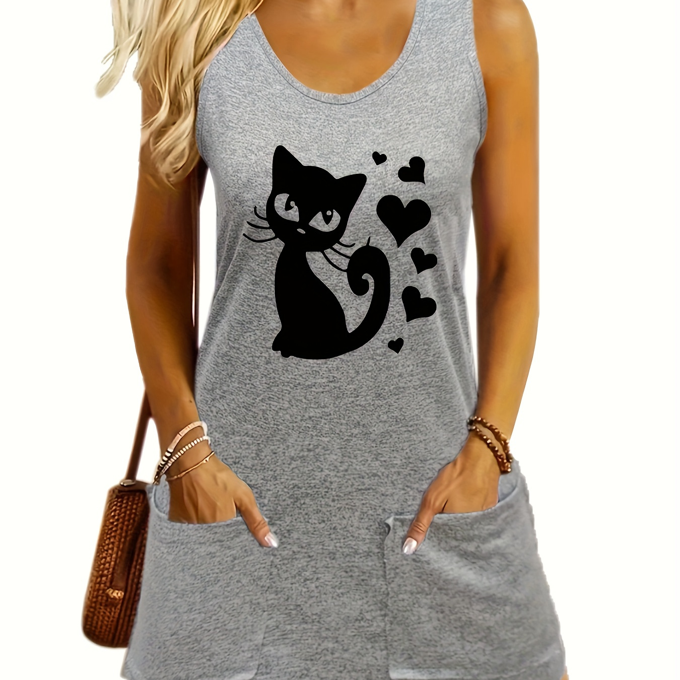 

Cat Print Crew Neck Dress, Casual Sleeveless Patched Pockets Dress For Spring & Summer, Women's Clothing