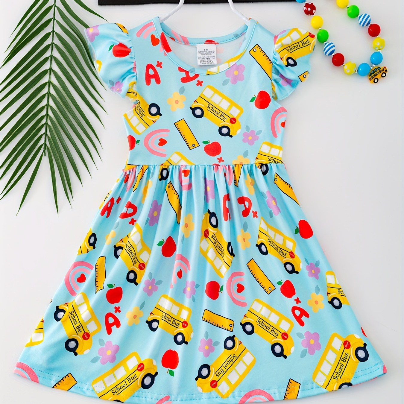 

Girls Cartoon Stationery & Bus Print Ruffle Sleeve Casual Dress For Back-school Season