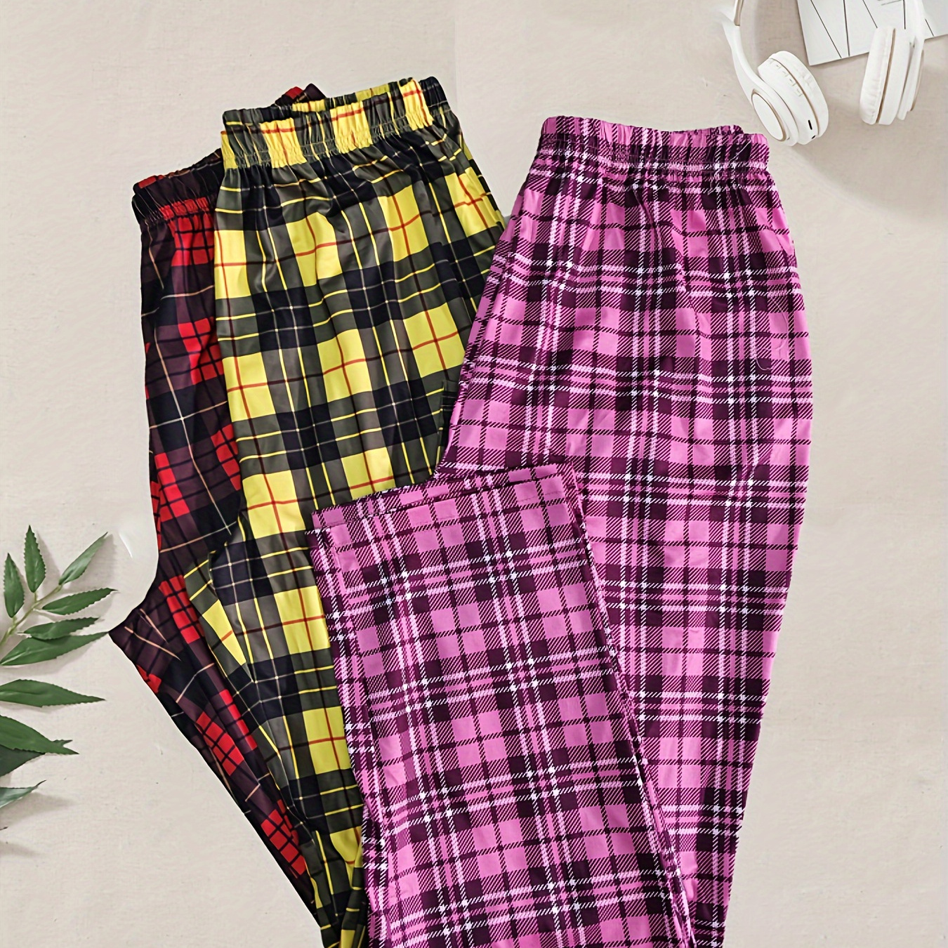 3pcs Colorblock Plaid Lounge Pants, Casual & Soft Elastic Waistband Pants, Womens Loungewear & Sleepwear