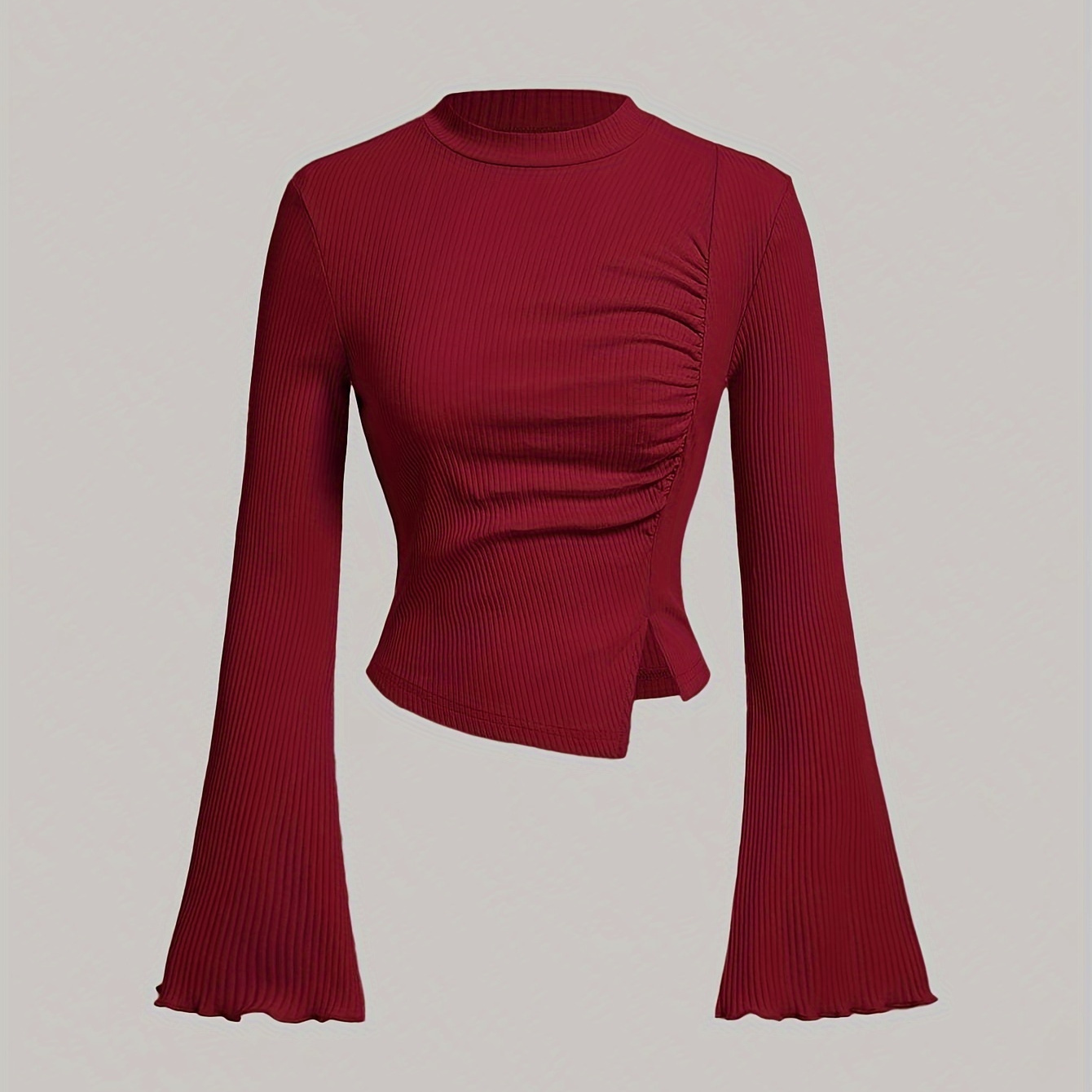 

Elegant Women's Bell Sleeve T-shirt With Side Slit - Stretchy Polyester , Machine Washable, Mock Neck, Solid Color