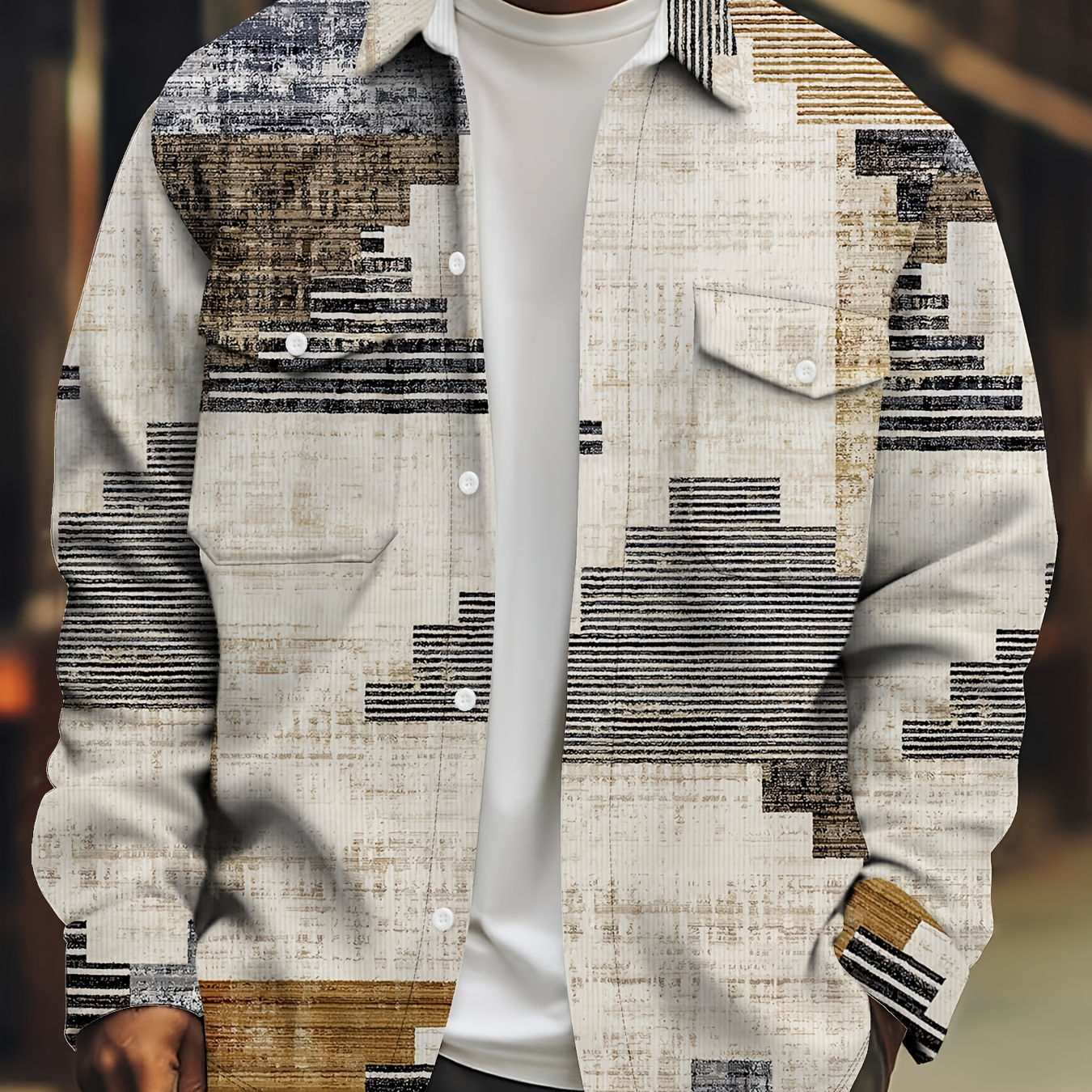 

Men's Creative Pattern Graphic Print Shirt For Spring Fall, Street Style Long Sleeve Button Up Shirt For Males
