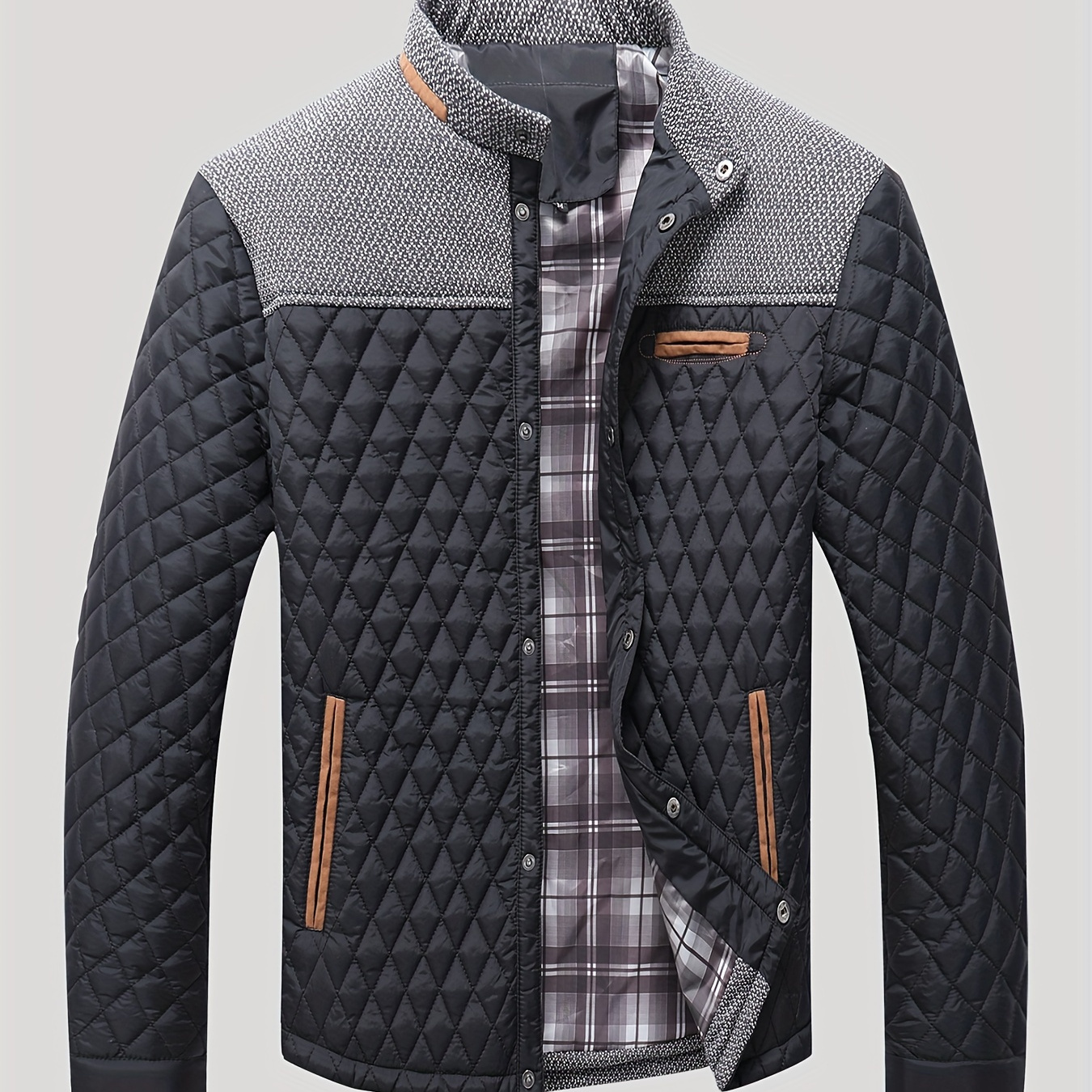 

Men's Casual Stand Collar Jacket, Chic Argyle Pattern Windproof Jacket