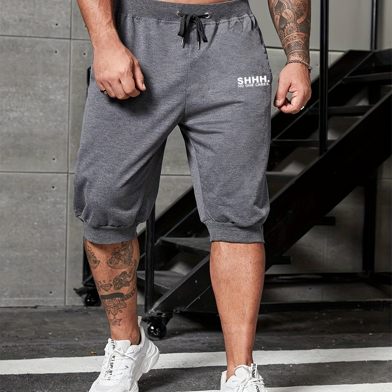 Men's Casual "SHHH" Graphic Elastic Drawstring Plain Color Sports Short Pants, Oversized Shorts Plus Size