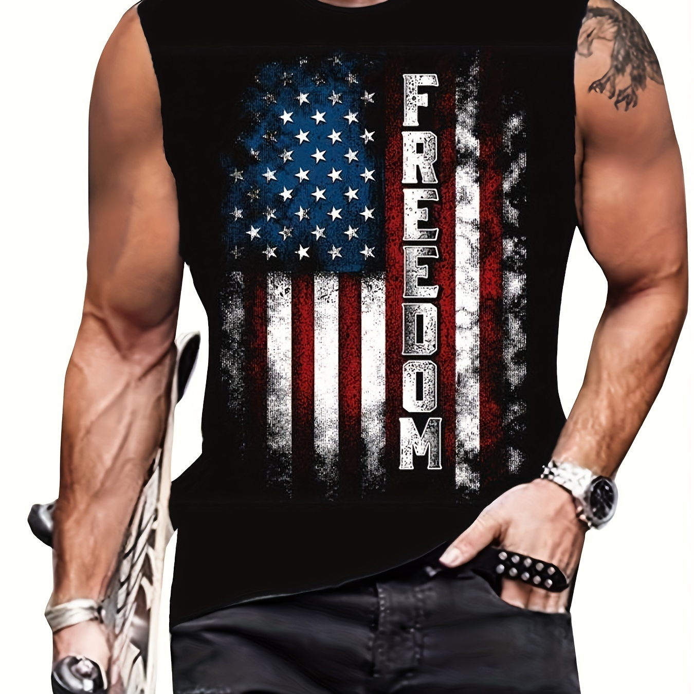 Distressed American Flag & "FREEDOM" Print, Independence Day, The 4th Of July, Men's Casual Slightly Stretch Round Neck Tank Top, Men's Tank Top For Summer Outdoor Gym Workout