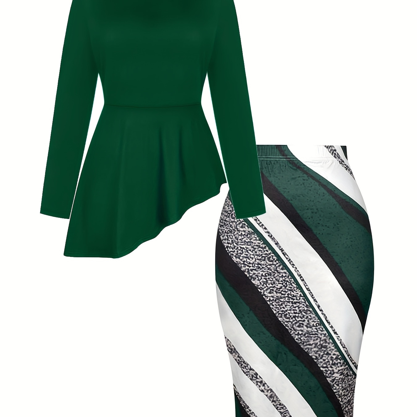 

Elegant Women'-piece Suit Set: Solid Color Long Sleeve Top With Asymmetrical Hem & Striped Skirt - High Stretch, Machine Washable