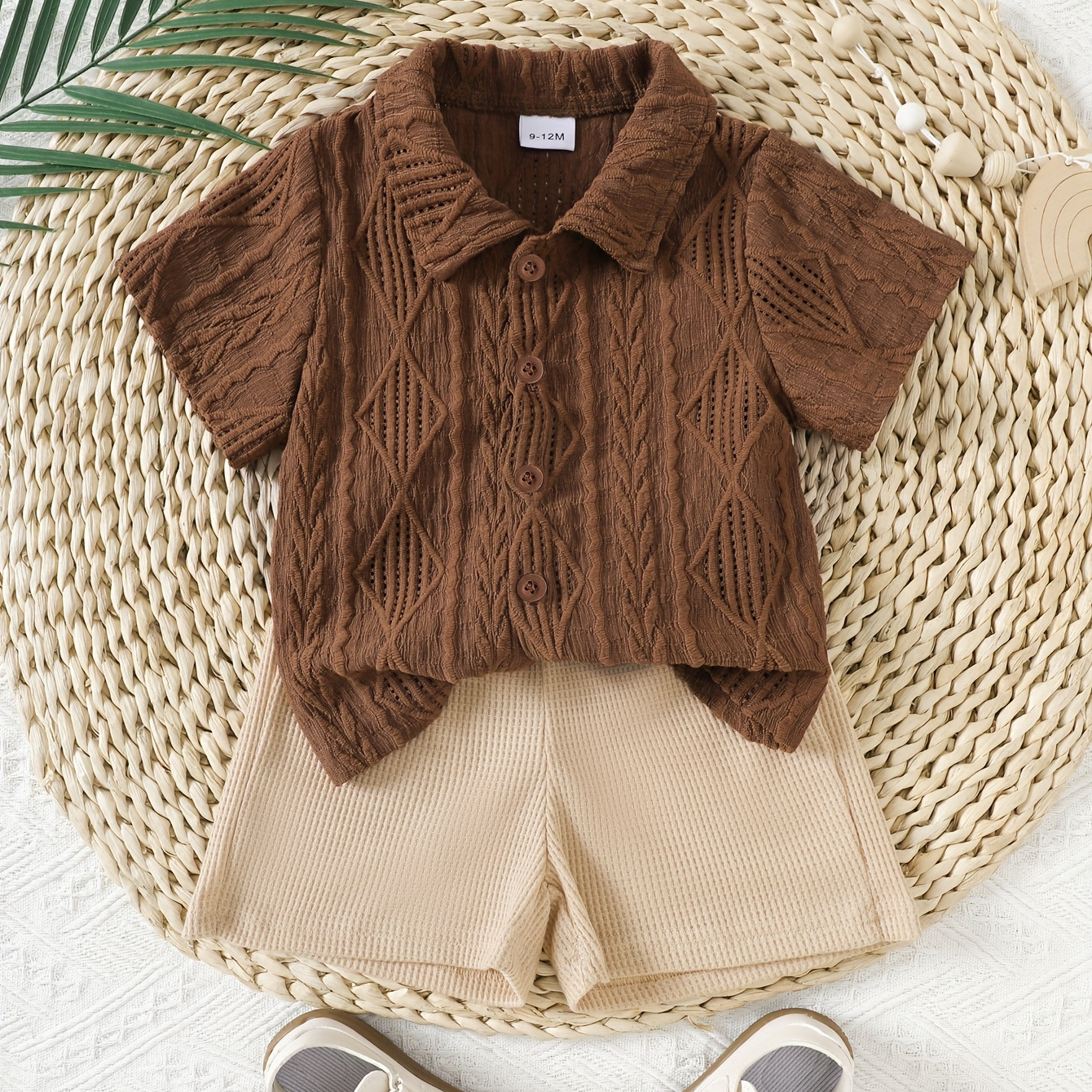 Conjunto de 2 piezas para bebé recién nacido niño, camisa de verano de manga corta y pantalones cortos de jacquard de color liso, perfecto para exteriores