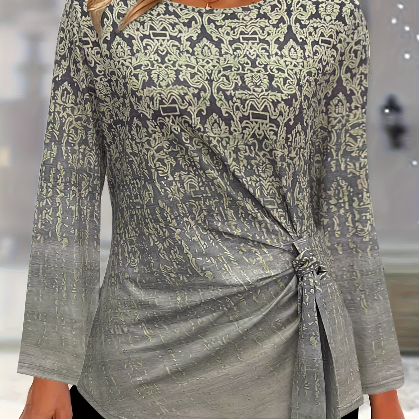 

All Over Print Knot Front T-shirt, Casual Long Sleeve Top For Spring & Fall, Women's Clothing