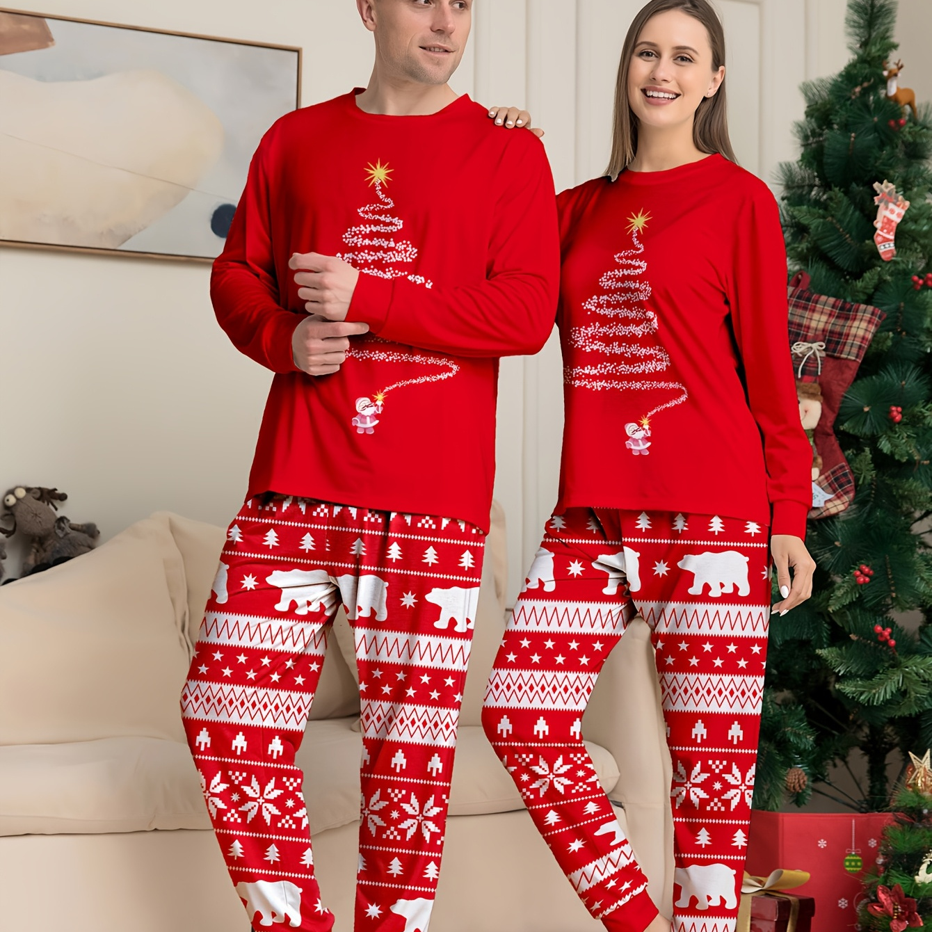 

Men's Christmas Print Long Sleeve Pajama Set - Cozy Polyester , Round Neck, Machine Washable