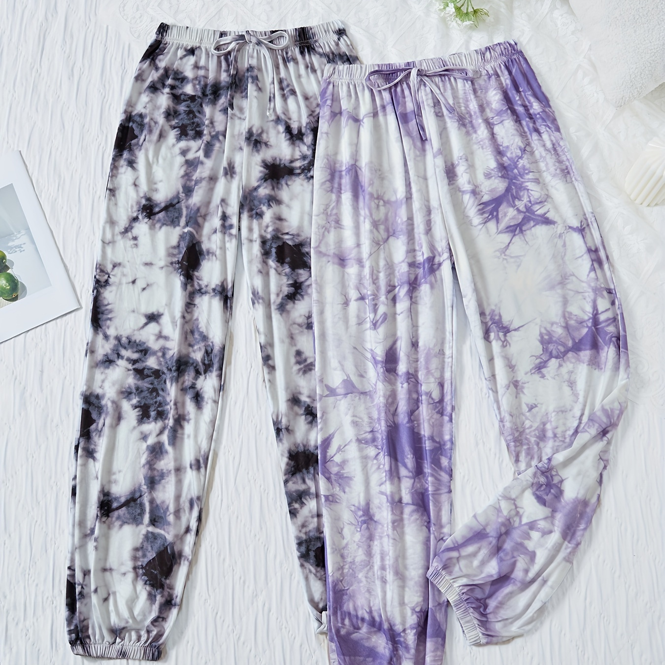 

2 Pcs Casual Tie Dye Print Night Bottoms, High Waist Loose Fit , Women's Sleepwear & Loungewear