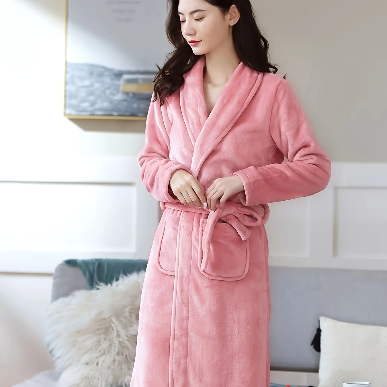 

Elegant Polyester Bathrobe For Women - V-neck Knee-length Dressing Gown With Pockets, Belt Tie, Solid Color, Long Sleeve, Knit Fabric, Fall/winter Season, 100% Polyester