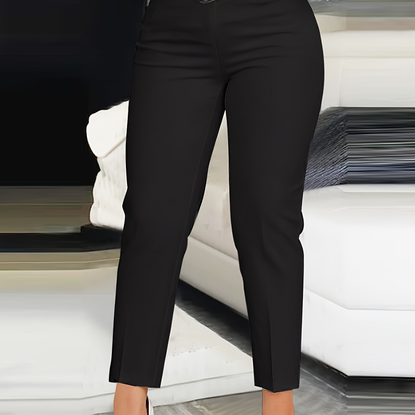 

Crisscross Contrast Trim High Neck Pants, Casual Skinny Pants For Spring & Summer, Women's Clothing