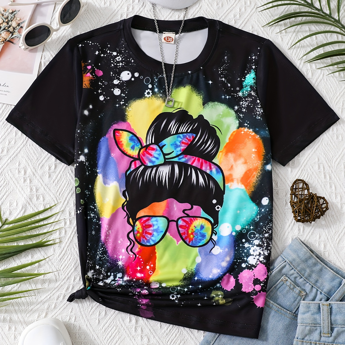 

Creative Tie Dye Girl Print Short Sleeve T-shirt Tops For Girls Spring Summer