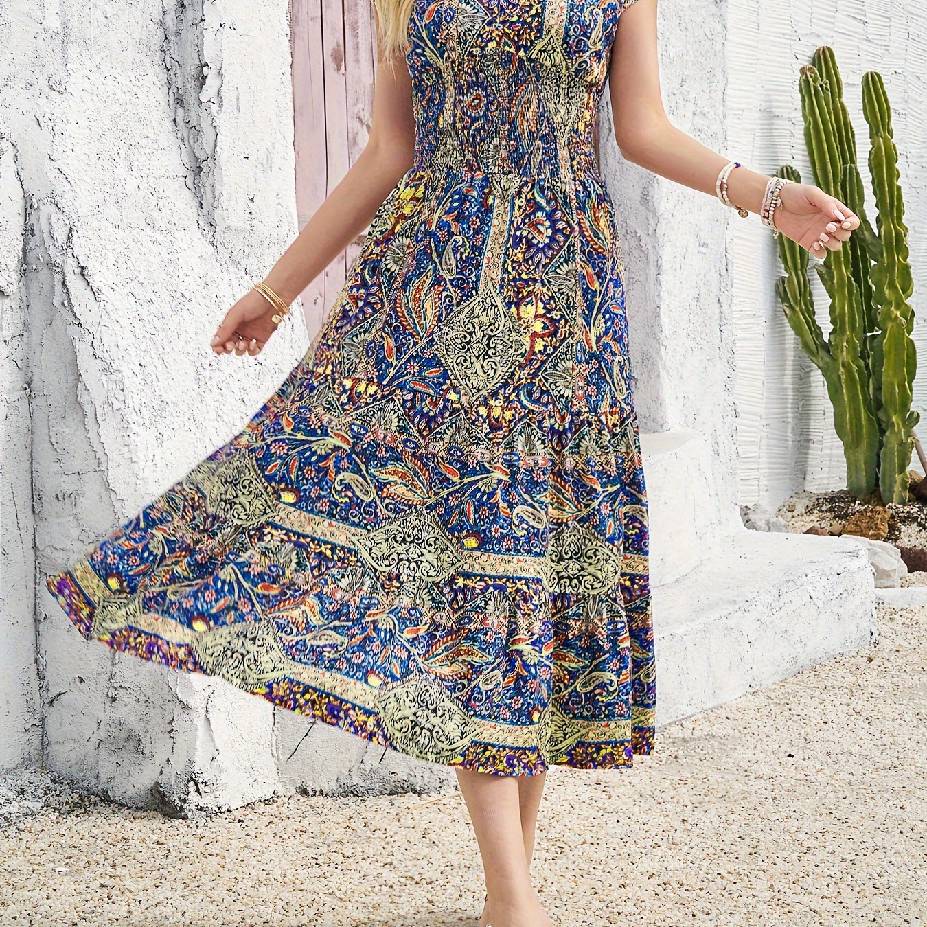 

Paisley Print V-neck Dress, Vacation Style Cap Sleeve A-line Flowy Dress For Spring & Summer, Women's Clothing