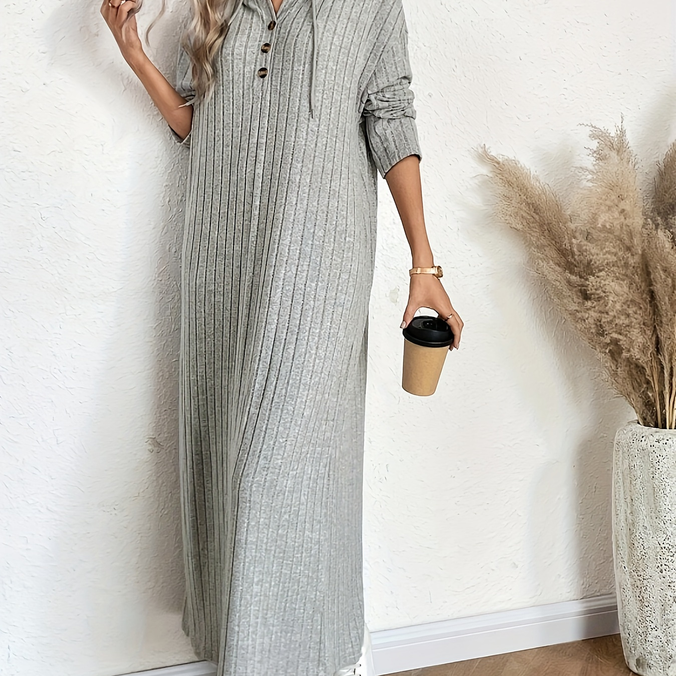 

Women's Elegant Solid Ribbed Sleepwear Dress, Long Sleeve Half Buttons Hooded Drawstring Maxi Dress, Comfortable Nightgown For Fall & Winter