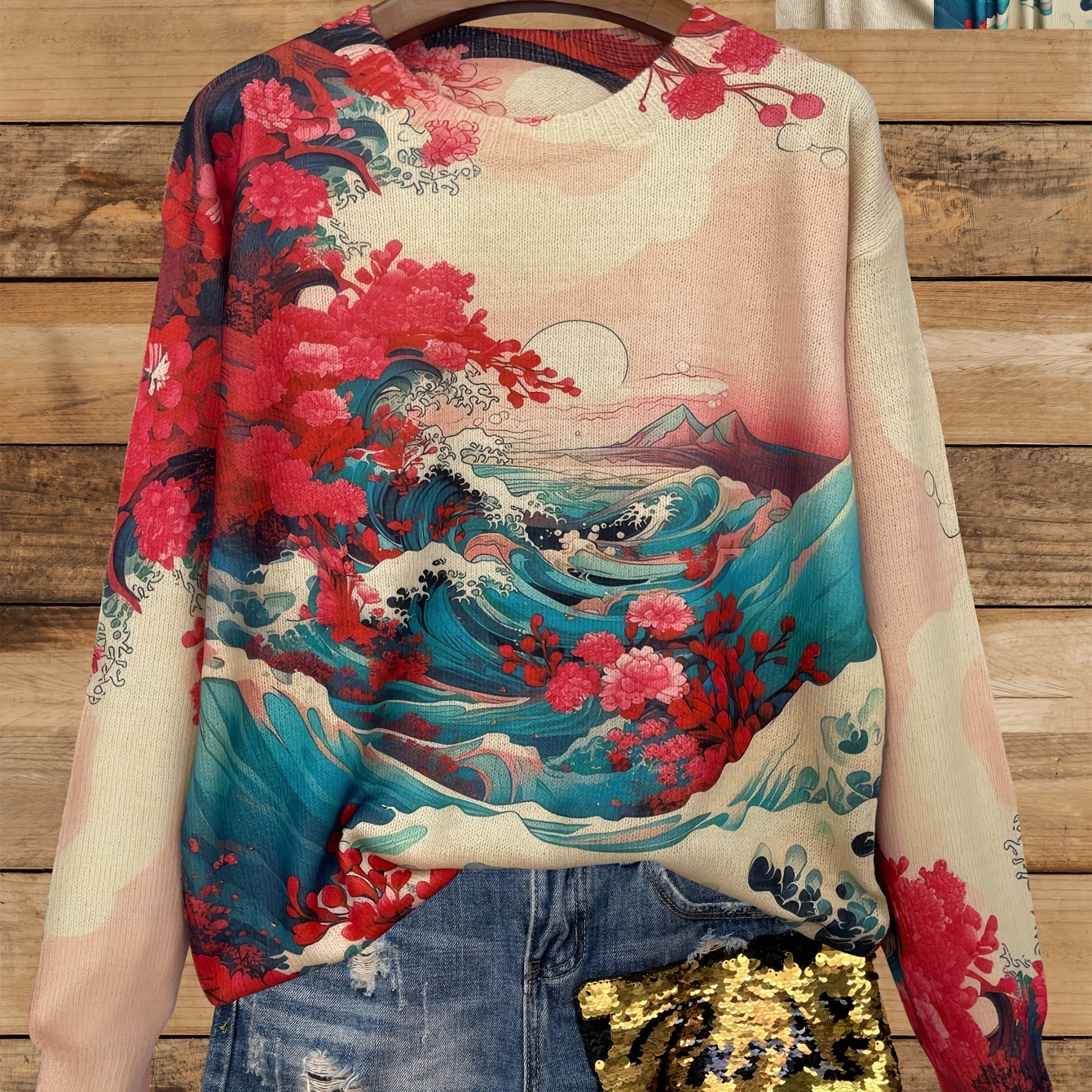 

Women' Knit Sweater, Full Print, Lightweight, Woven Effect, Anime Sunset Ocean Pattern, Round Neck, Long Sleeve, , Polyester, Regular Fit, All