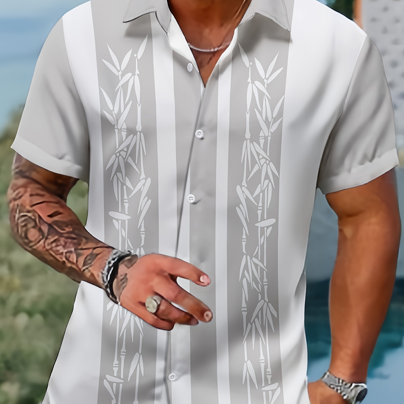 

Bamboo Pattern Men's Short Sleeve Button Down Lapel Shirt For Summer Resort Holiday, Hawaiian Style