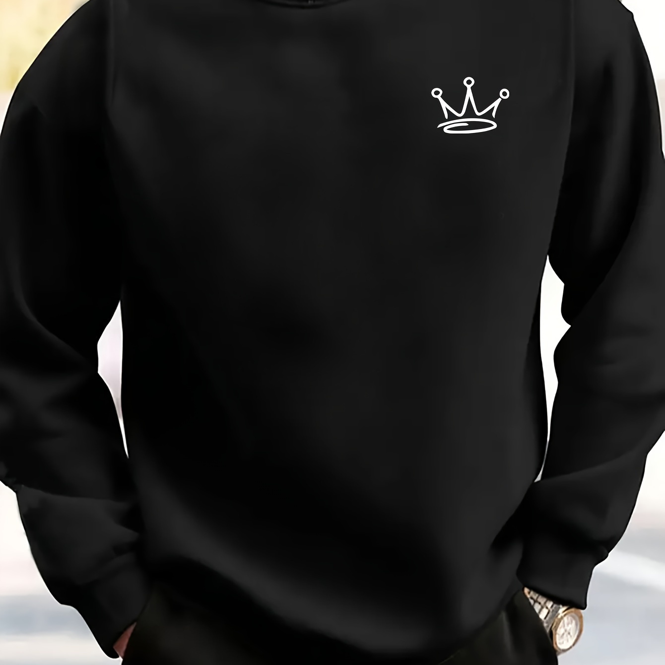 

Crown Simple Drawing Print Men's New Versatile Crew Neck Hoodie, Loose Fashion Trend Casual Sports Top
