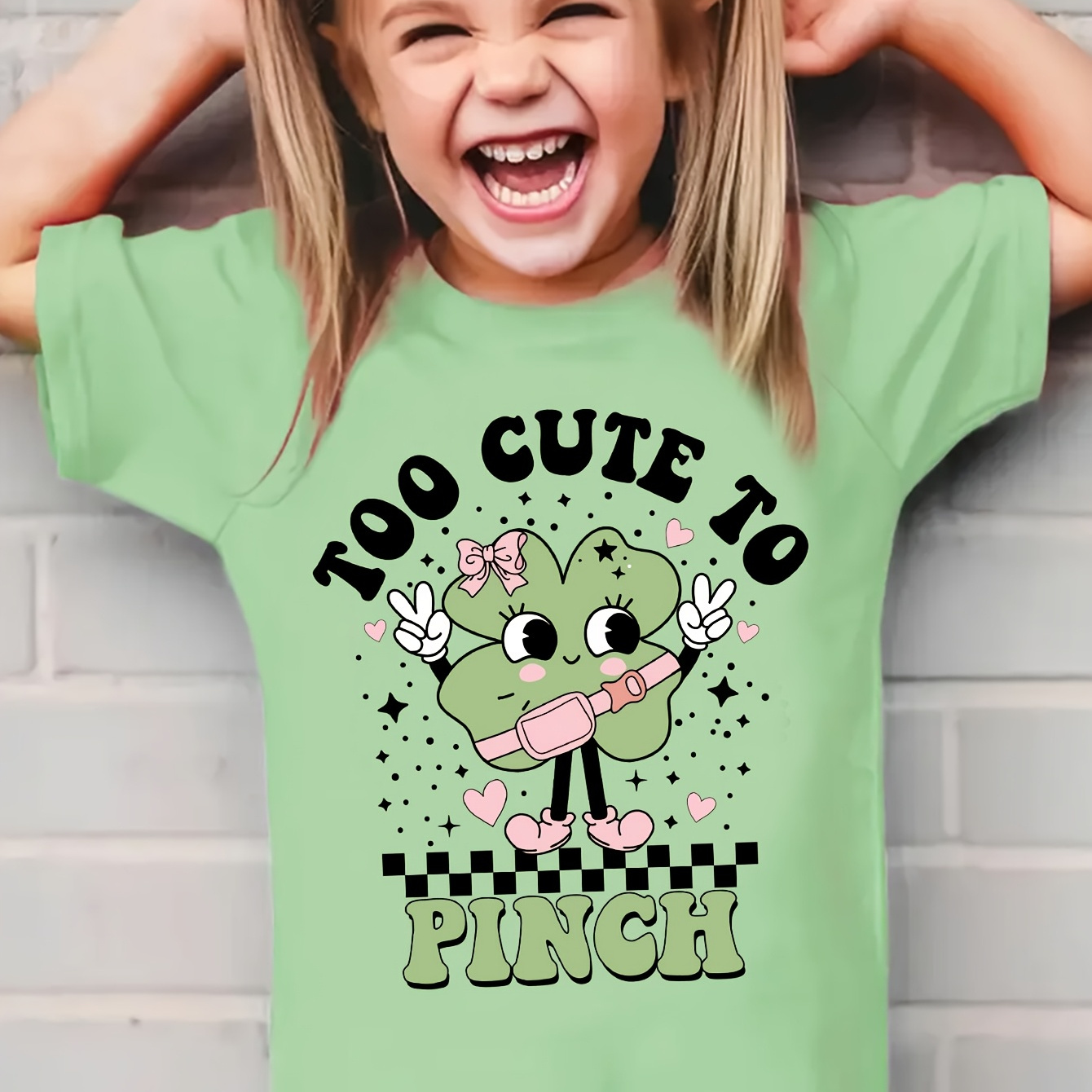 

Chicfull 's Day Girls' T-shirt - " To Pinch" Cartoon Print, Casual & Comfy Polyester Round Neck Tee With Shamrock & , Machine Washable