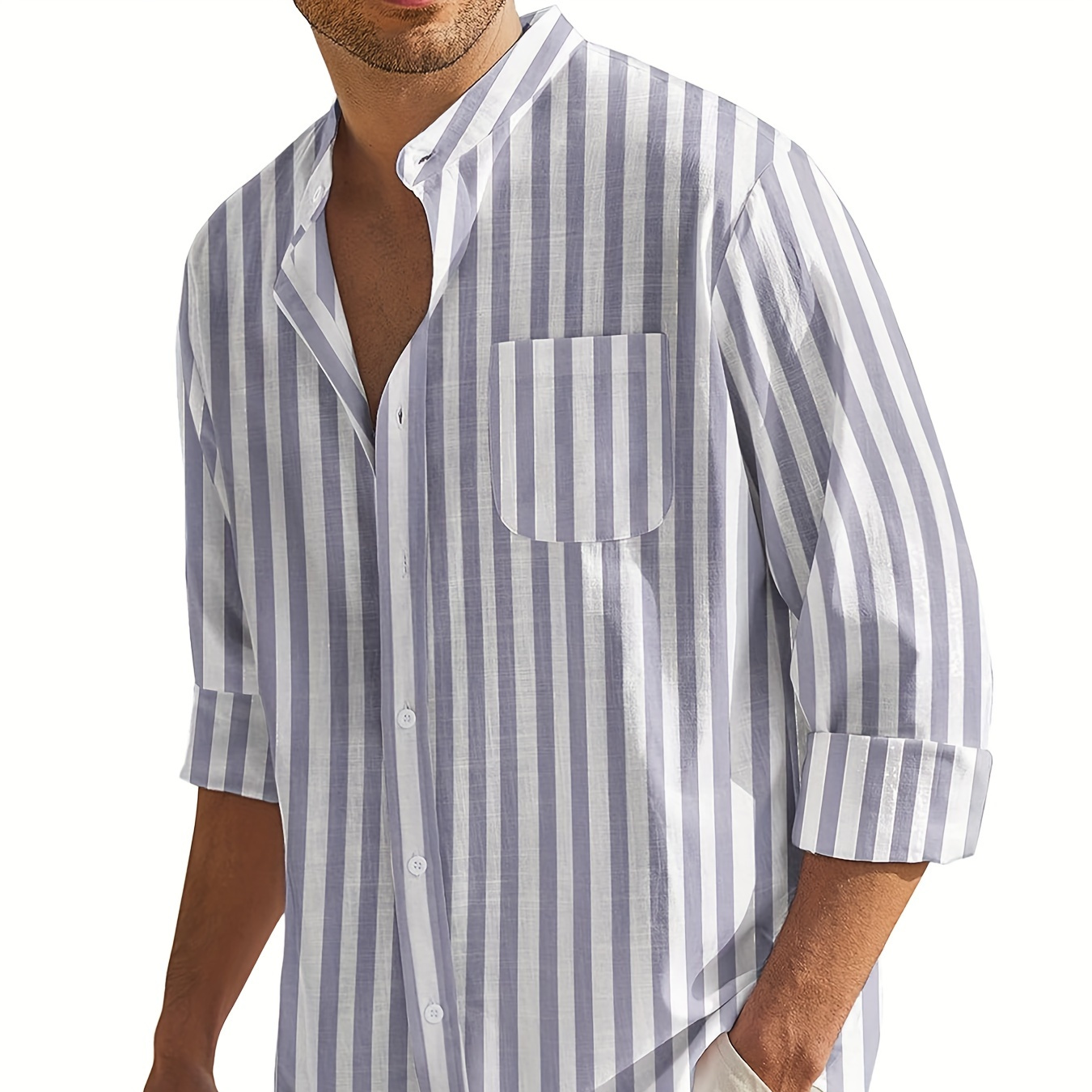 

Men's Shirt Top Veritical Striped Band Collar Long Sleeve Closure Regular Fit Male Casual Shirt For Daily Beach Yoga