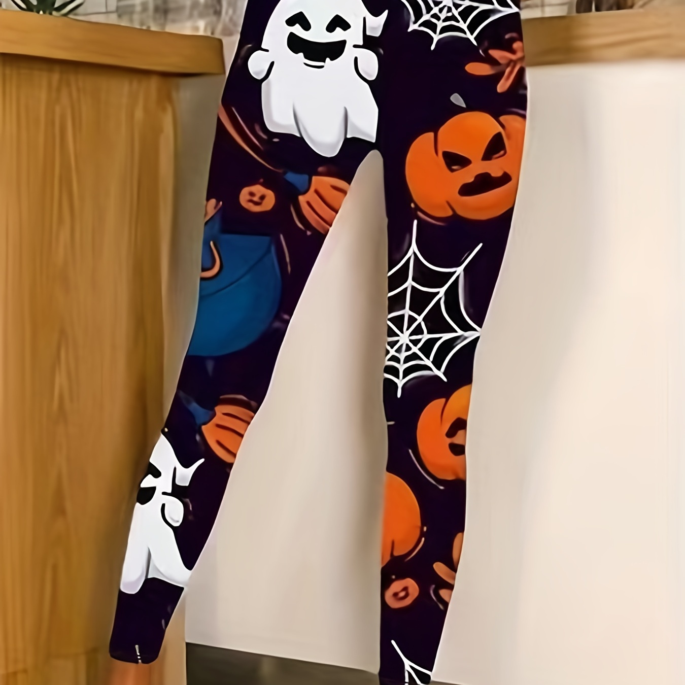 

Plus Size Halloween Leggings, Women's Plus Allover Ghost & Pumpkin & Spider Web Print High Rise Medium Stretch Leggings