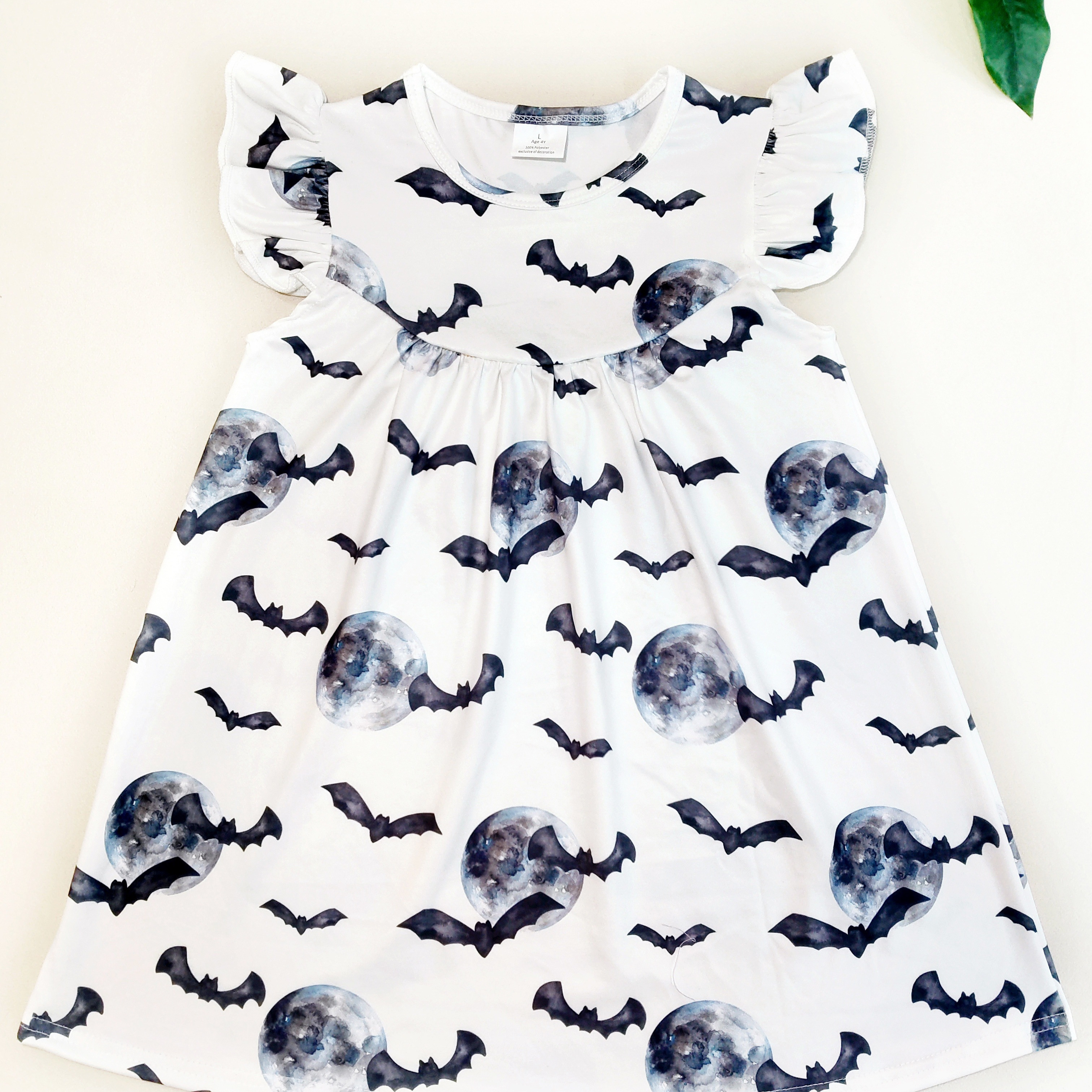 

Girls Cute Creative Bats Graphic Frill Sleeve Dress - Ideal For Halloween Holiday & Casual Outings, Summer