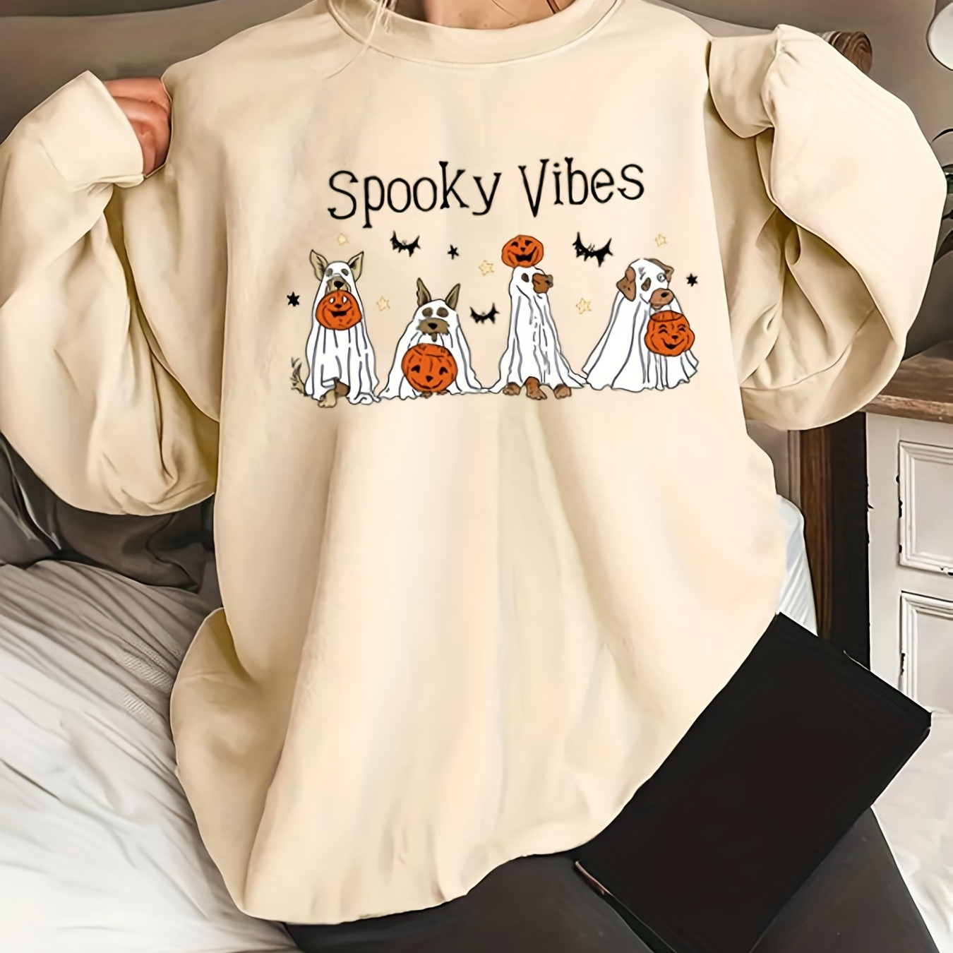 Plus Size Halloween Sweatshirt, Women's Plus Cartoon Pumpkin & Dog & Letter Print Long Sleeve Round Neck Slight Stretch Sweatshirt