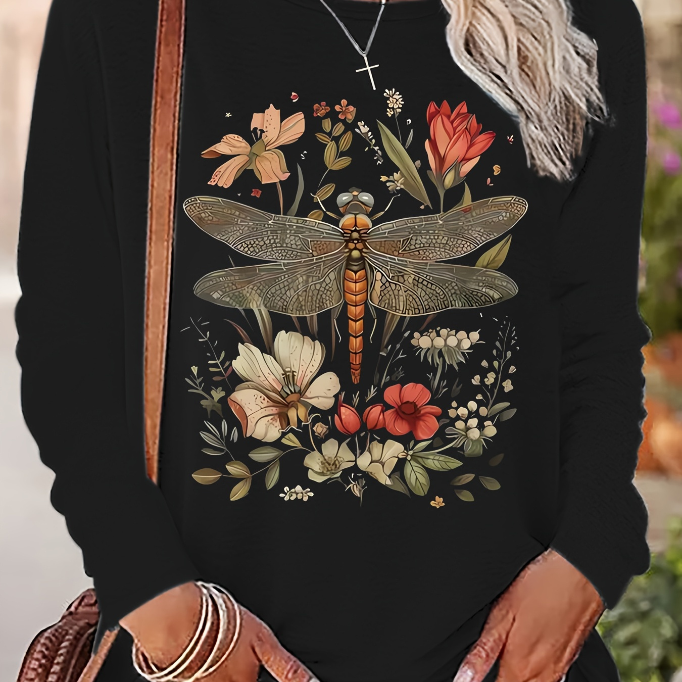 

1pc Women's Plus Size Dragonfly Floral Print Long Sleeve T-shirt, Casual Crew Neck Polyester Knit Fabric With Medium Stretch, Geometric Pattern Top With Applique Detail