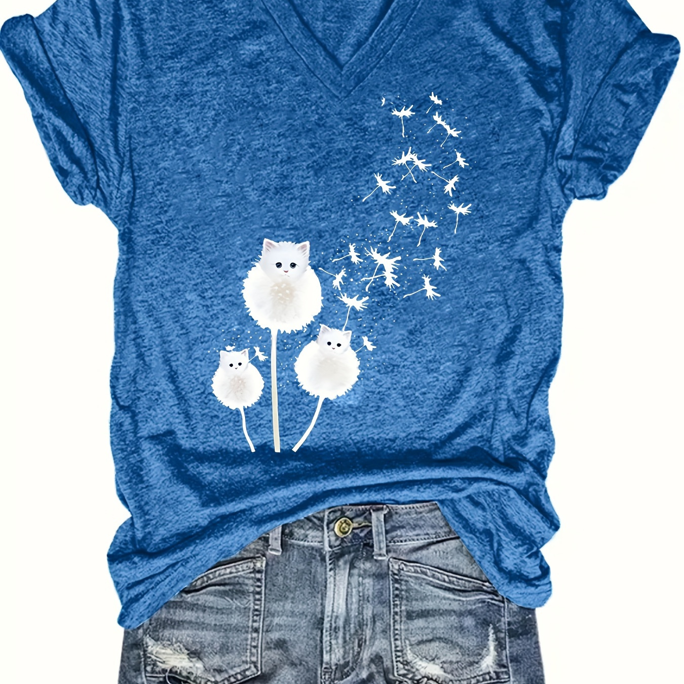

Dandelion & Cat Print Casual T-shirt, V-neck Short Sleeve Top For Spring & Summer, Women's Clothing