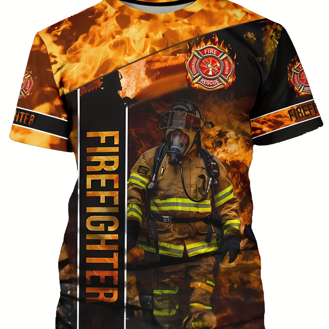 

Men's Fireman Print T-shirt, Casual Short Sleeve Crew Neck Tee, Men's Clothing For Outdoor