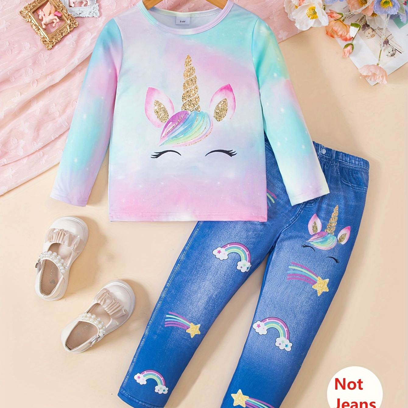 

Girls 2pcs Set Gradient Color Pony Print Round Neck T-shirt + Imitation Denim Effect Leggings Set Spring And Autumn Clothes