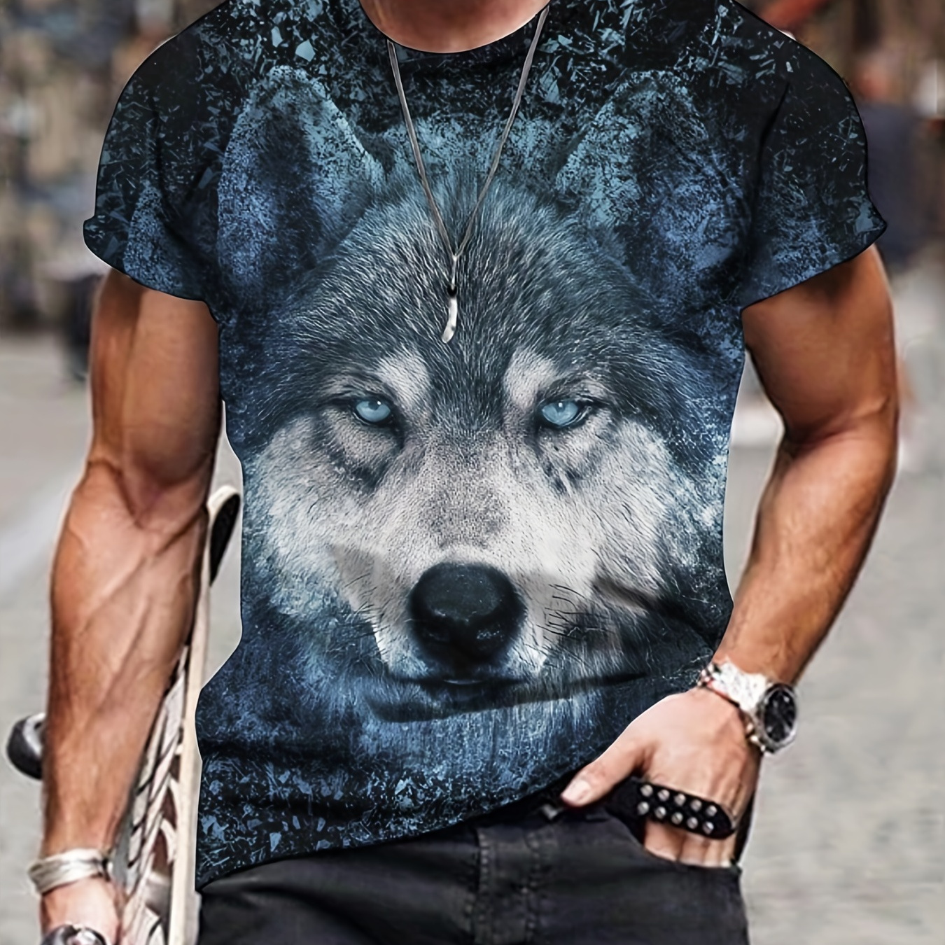 

3d Wolf Print, Men's Graphic Neck T-shirt, Casual Tshirts For Summer, Men's Clothing Tops For Daily Vacation Resorts