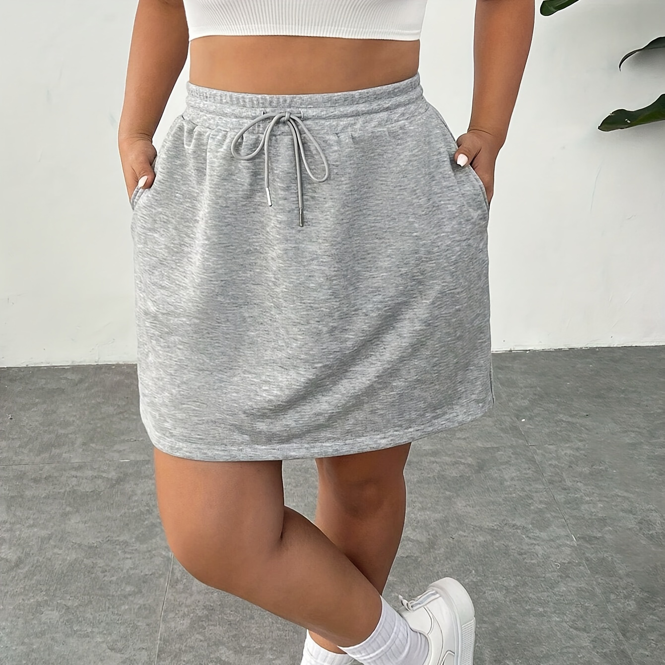 

Plus Size Fashion Women', Polyester Knit Fabric With Elastane, Solid Color, , With Drawstring Detail, For Wear, Plus Size Skirts
