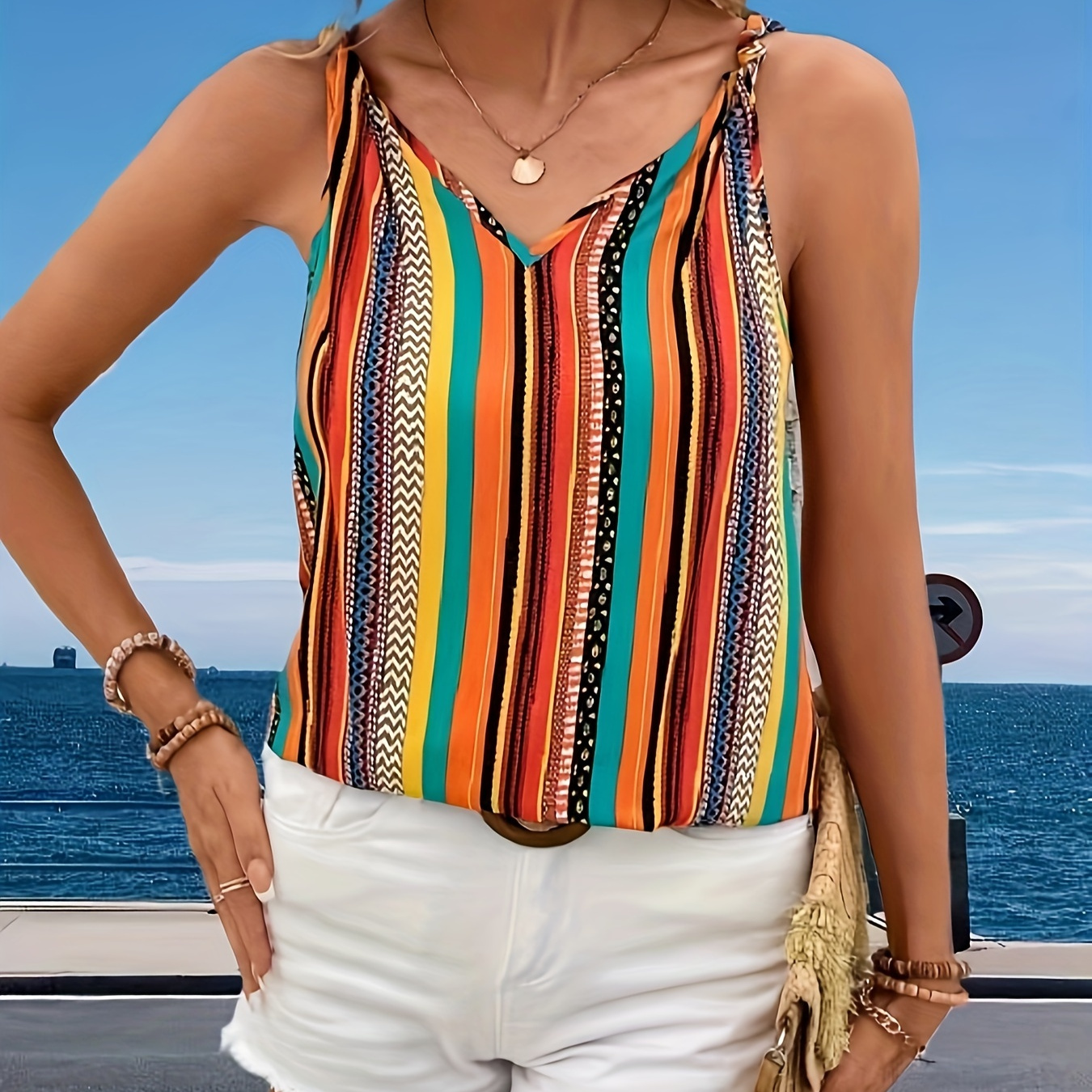 

Colorful Stripe Print V Neck Cami Top, Vacation Sleeveless Summer Top, Women's Clothing