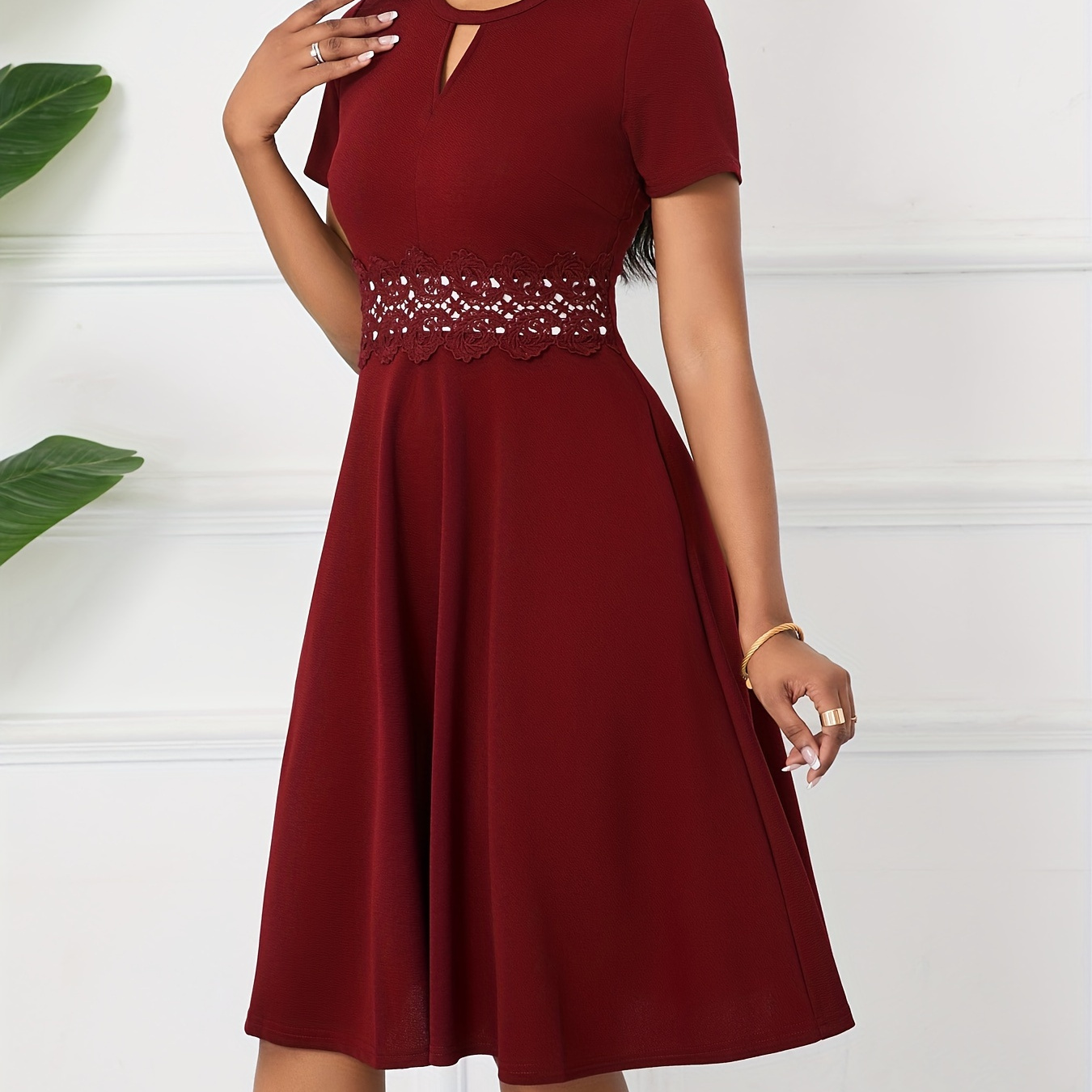 

Keyhole Lace Dress, Vintage Short Sleeve A Line Party Dress, Women's Clothing