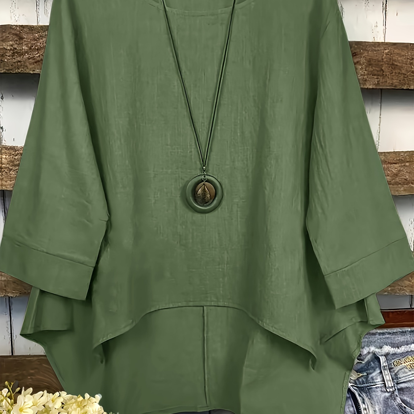 

Plus Size Irregular Hem Solid Crew Neck Blouse, Casual Long Sleeve Blouse For Spring & Fall, Women's Plus Size Clothing