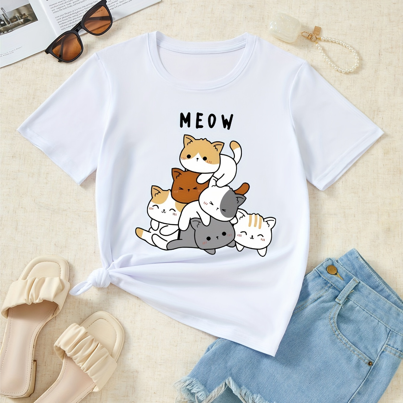 

Cat Print Crew Neck T-shirt, Short Sleeve Casual Top For Summer & Spring, Women's Clothing