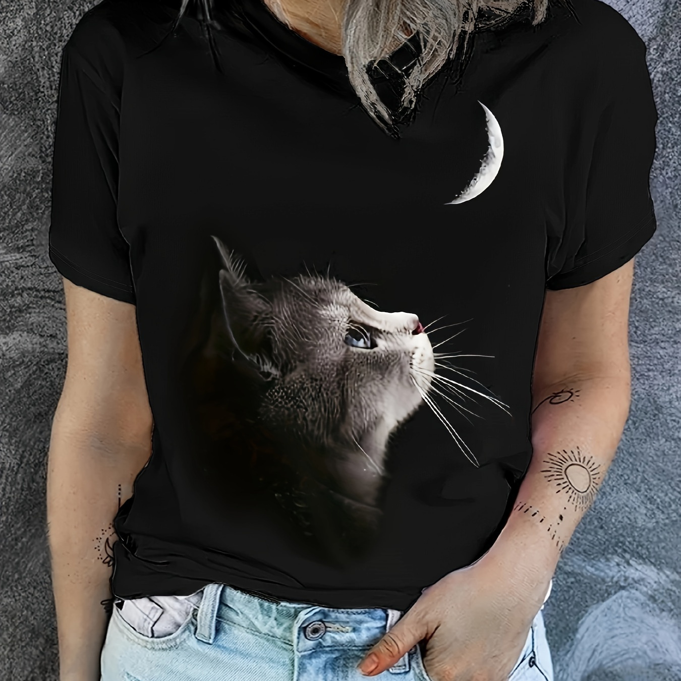 

Cat Print Short Sleeve T-shirt, Casual Crew Neck Top For , Women's Clothing