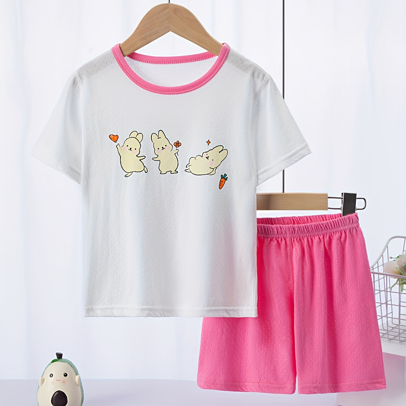 

2 Pcs Girls Cute Pajama Sets, Rabbit Cartoon Print Short Sleeve T-shirts & Shorts, Comfortable & Cute Style Princess Pajamas For Girls Cozy Loungewear