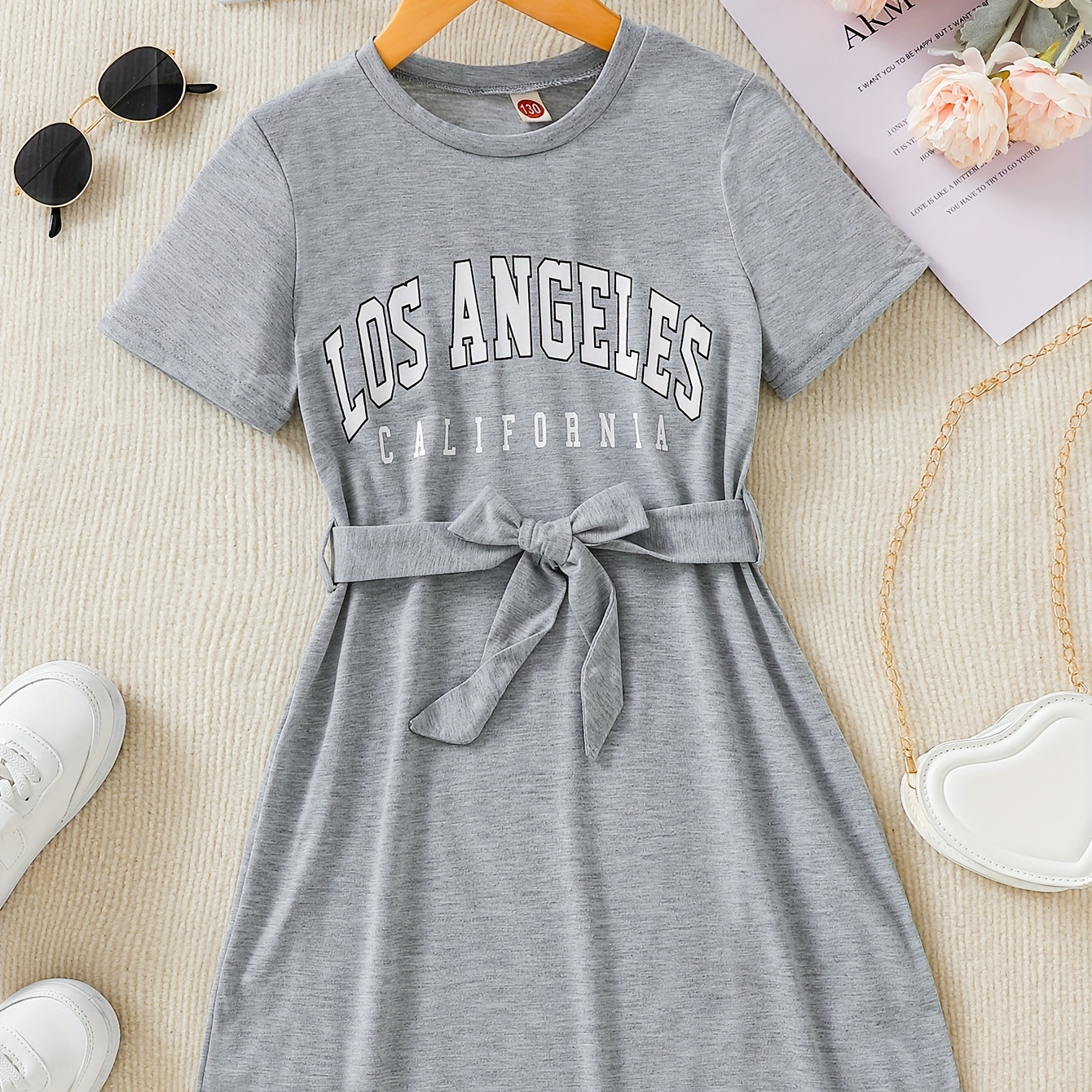 

Girls' Trend Letter Short Sleeve T-shirt Dress Soft Comfy Casual Belted Dress For Summer Leisure