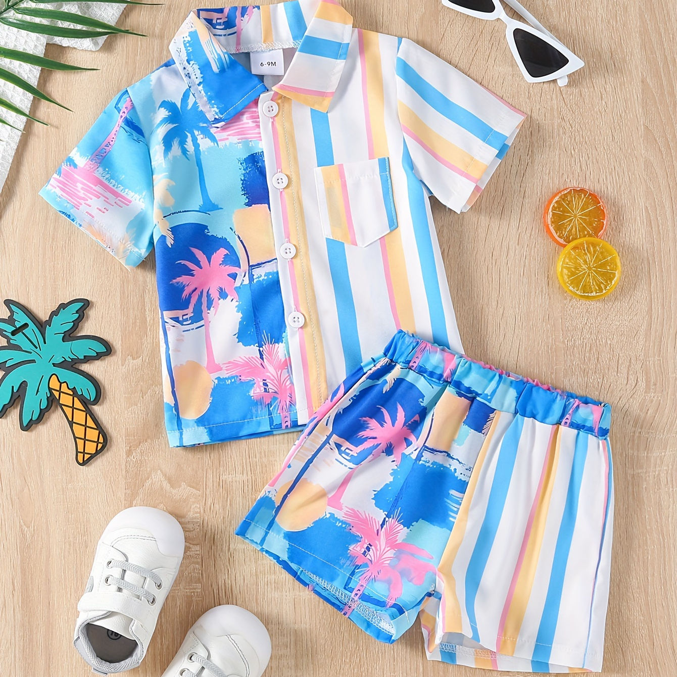 

2pcs Baby's Colorful Coconut Tree Pattern Summer Set, Short Sleeve Shirt & Shorts, Baby Boy's Clothing, As Gift