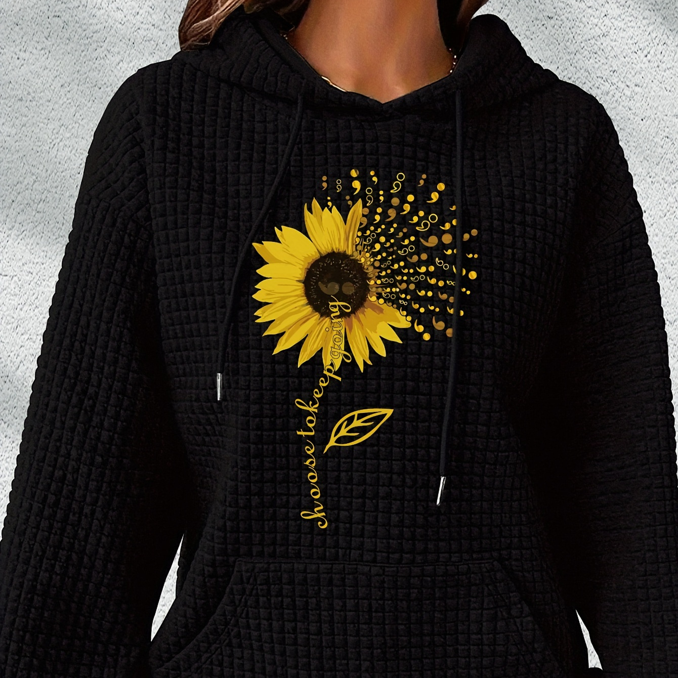 

Sunflower Print Waffle Hoodie, Drawstring Kangaroo Pocket Casual Hooded Sweatshirt For Winter & Fall, Women's Clothing
