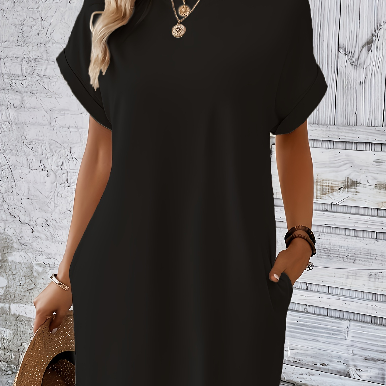 

Pocket Solid Color Dress, Casual Button Front Batwing Sleeve Dress For Spring & Summer, Women's Clothing