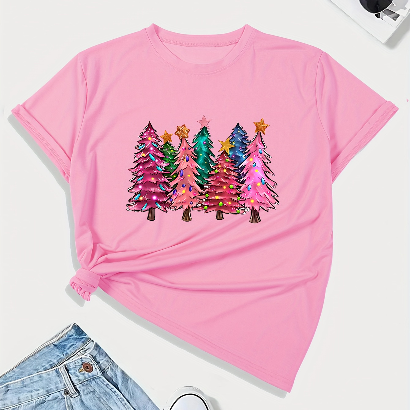 

Christmas Tree Print Crew Neck T-shirt, Casual Short Sleeve T-shirt For Spring & Fall, Women's Clothing