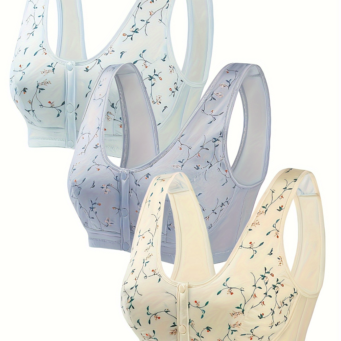 Floral Print Wireless Bras Comfy Breathable Front Buckle Bra - Temu Canada