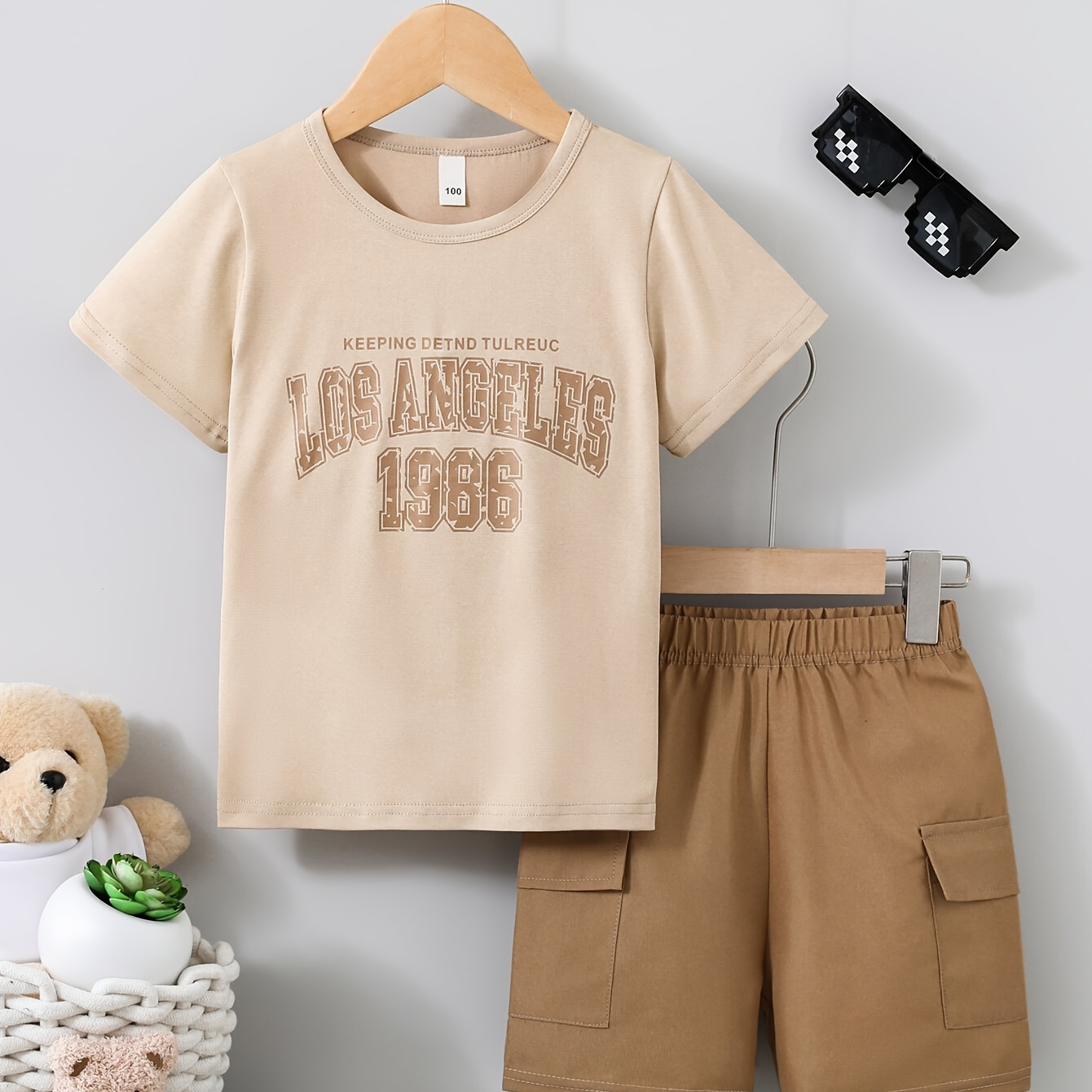 

2pcs, Letters Print Short Sleeve Crew Neck T-shirt + Solid Color Cargo Shorts Set For Boys, Breathable Set Casual Summer Gift