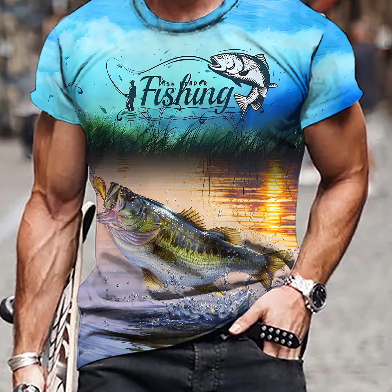 

Men's Fish Graphic Print T-shirt, Short Sleeve Crew Neck Tee, Men's Clothing For Outdoor